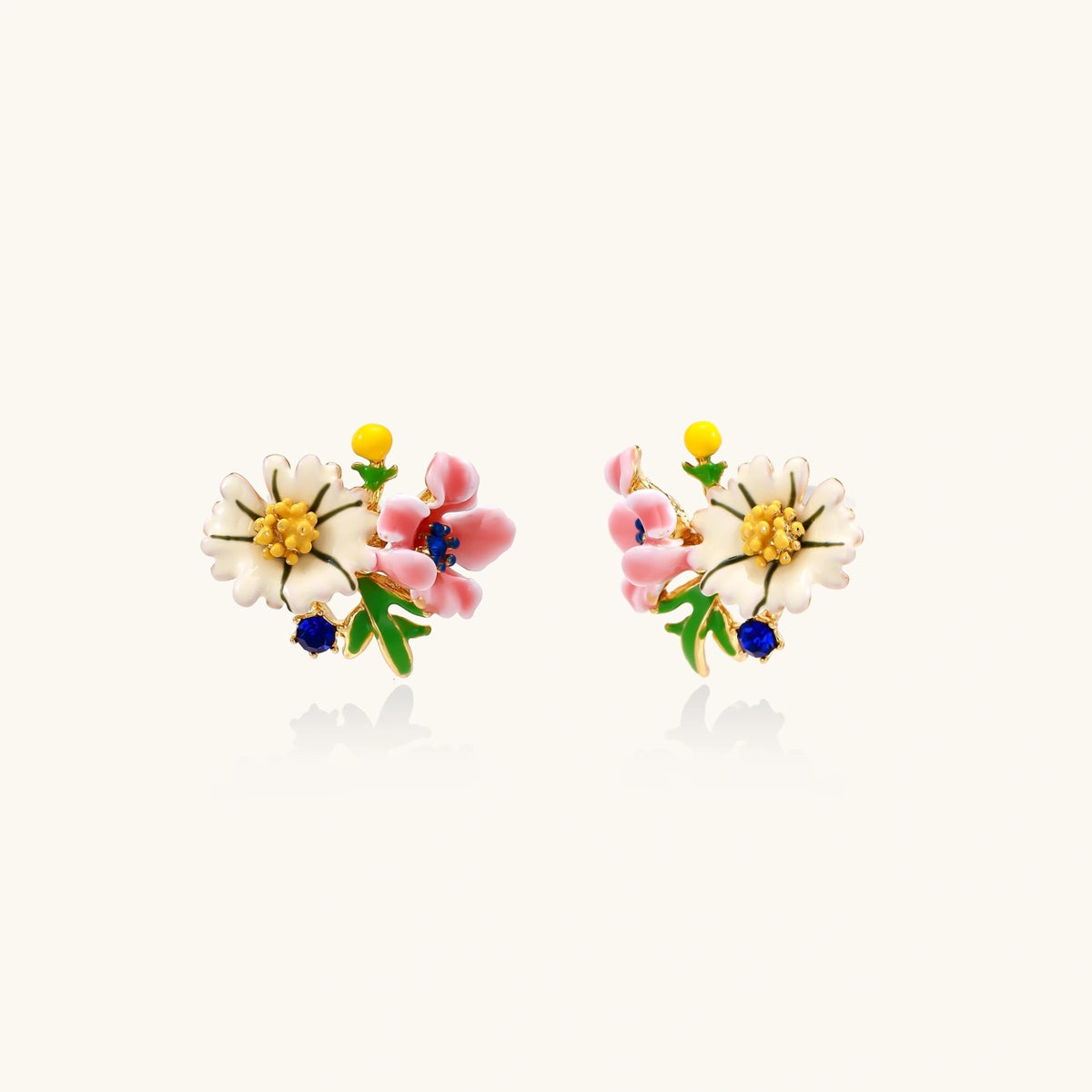 Colorful floral cluster stud earrings with pink blooms, white daisies, yellow accents on gold-plated brass base